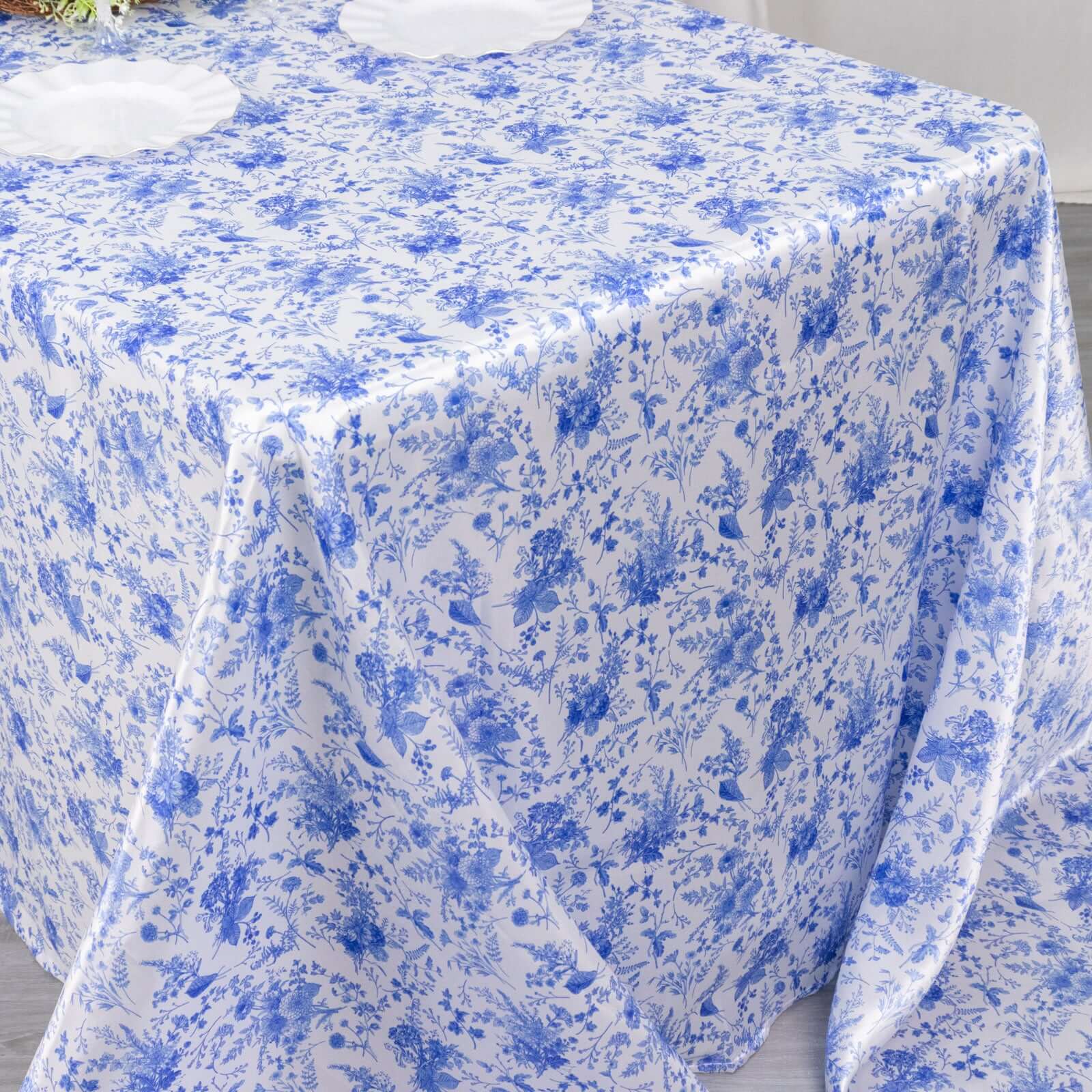 Satin Round 90"x132" Tablecloth White/Blue French Toile Design - Seamless Stylish & Wrinkle-Resistant Table Cover