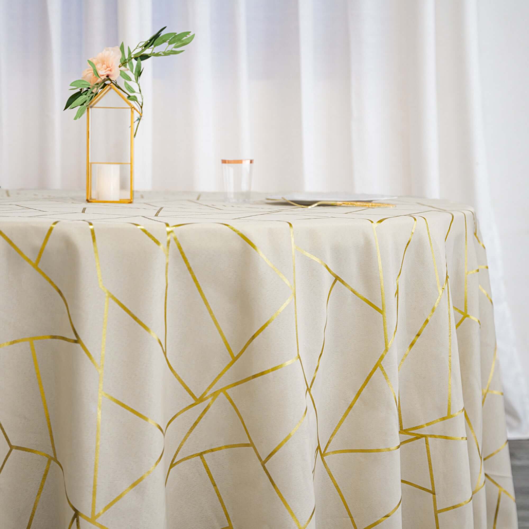 Polyester 120" Round Tablecloth Beige with Gold Foil Geometric Pattern Wrinkle-Resistant Seamless Table Cover