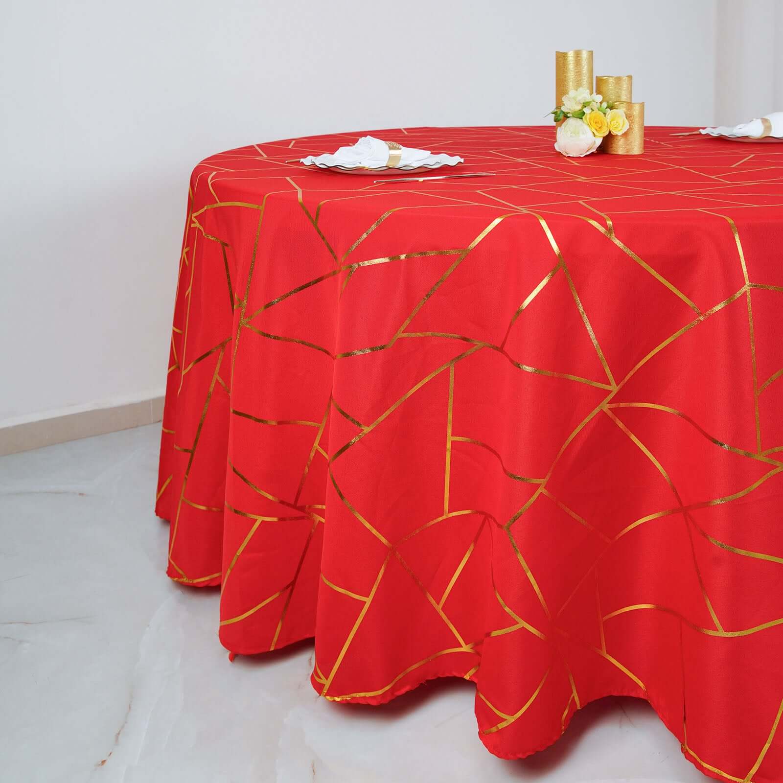 Polyester 120" Round Tablecloth Red with Gold Foil Geometric Pattern Wrinkle-Resistant Seamless Table Cover