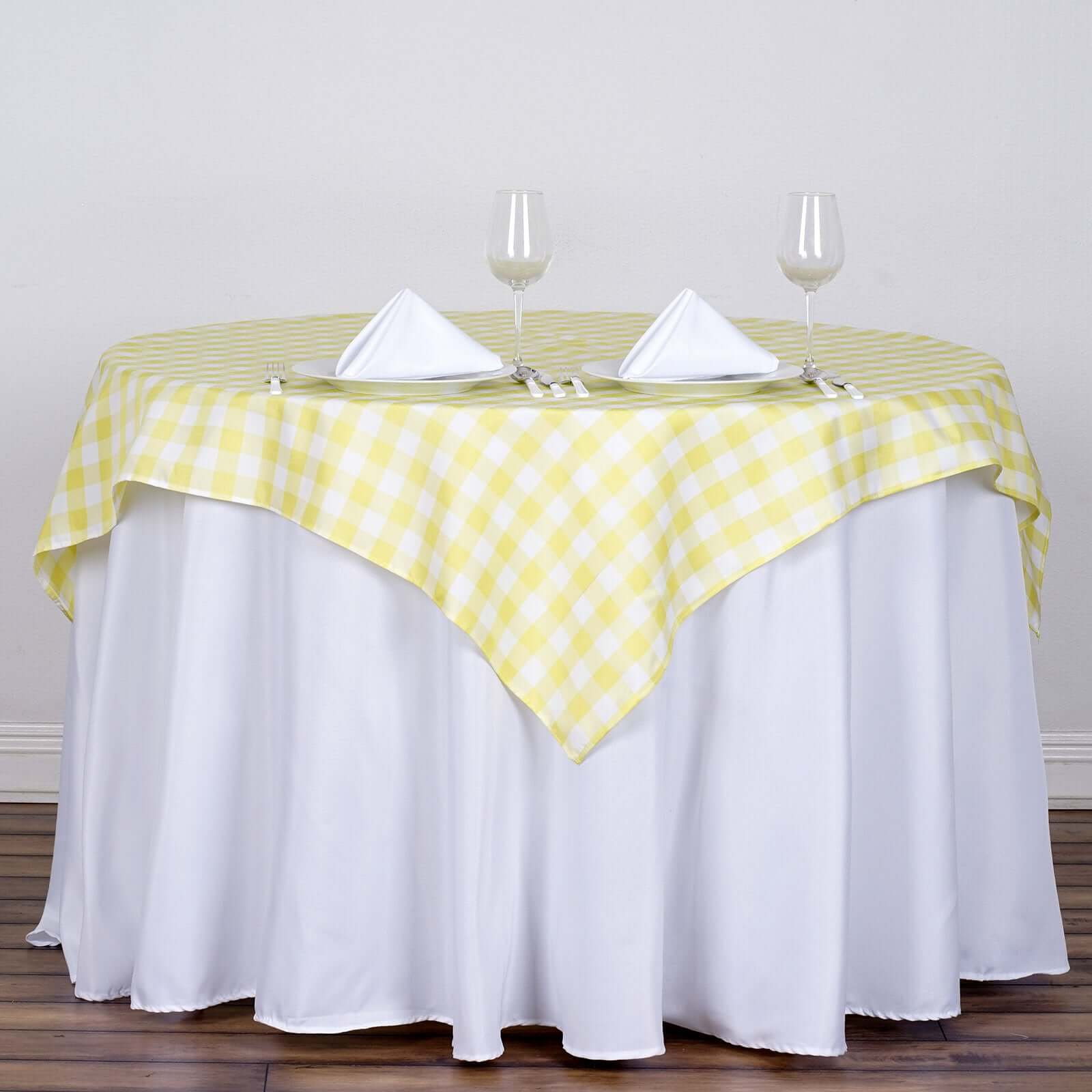 54"x54" White Yellow Seamless Buffalo Plaid Square Table Overlay, Checkered Gingham Polyester Table Overlay