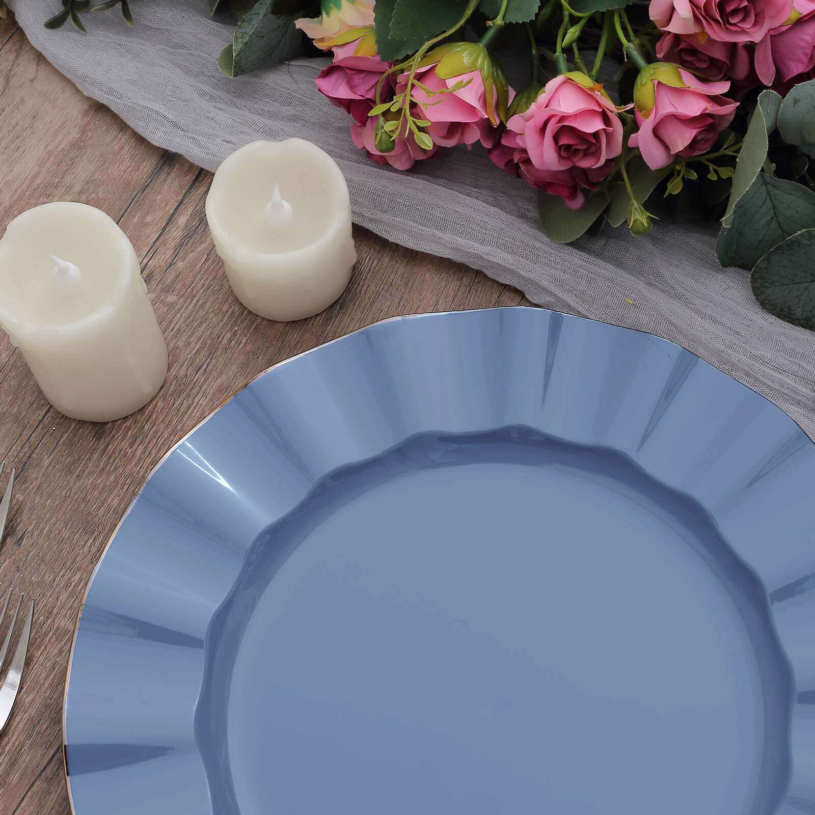 10-Pack Plastic 11" Round Dinner Plates in Ocean Blue Ruffled Rim with Gold Edging - Sturdy Disposable Dinnerware