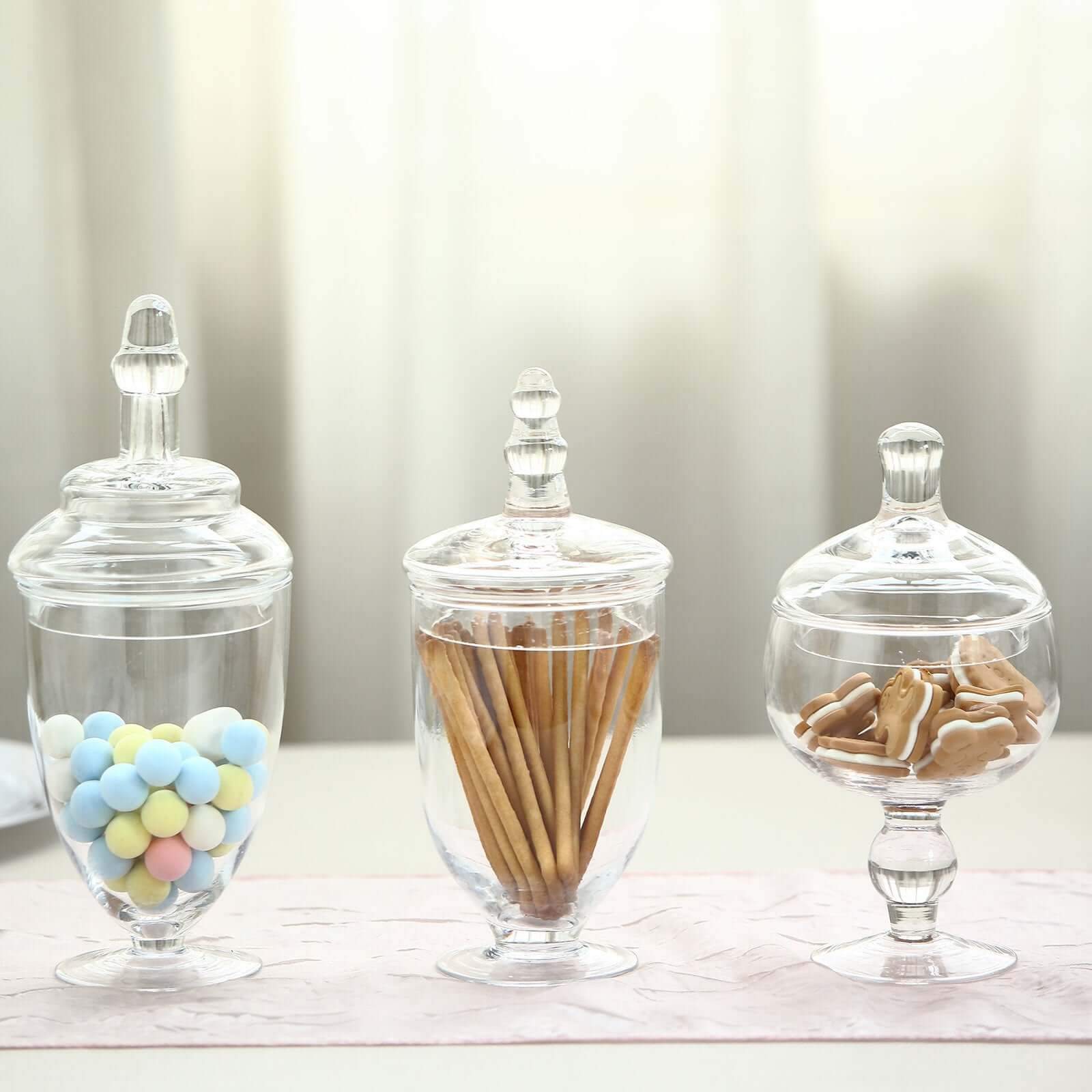 Set of 3 Glass Jars Apothecary Design Clear and Snap-On Lids - Stylish Decorative Candy Buffet Storage 8.5", 9", 10"