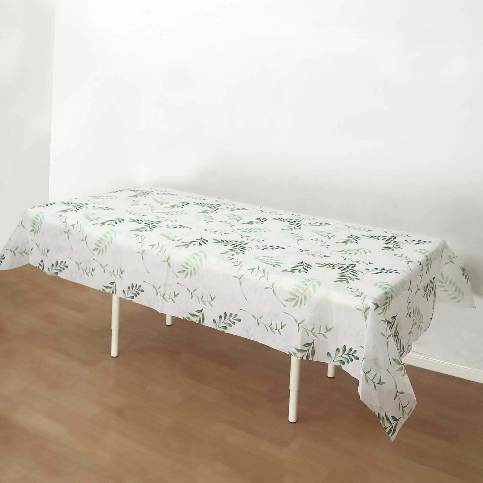 Non-Woven Tablecloth Rectangle White/Green with Olive Leaves Print - Perfect Disposable Table Cover for Summer 60"x102"