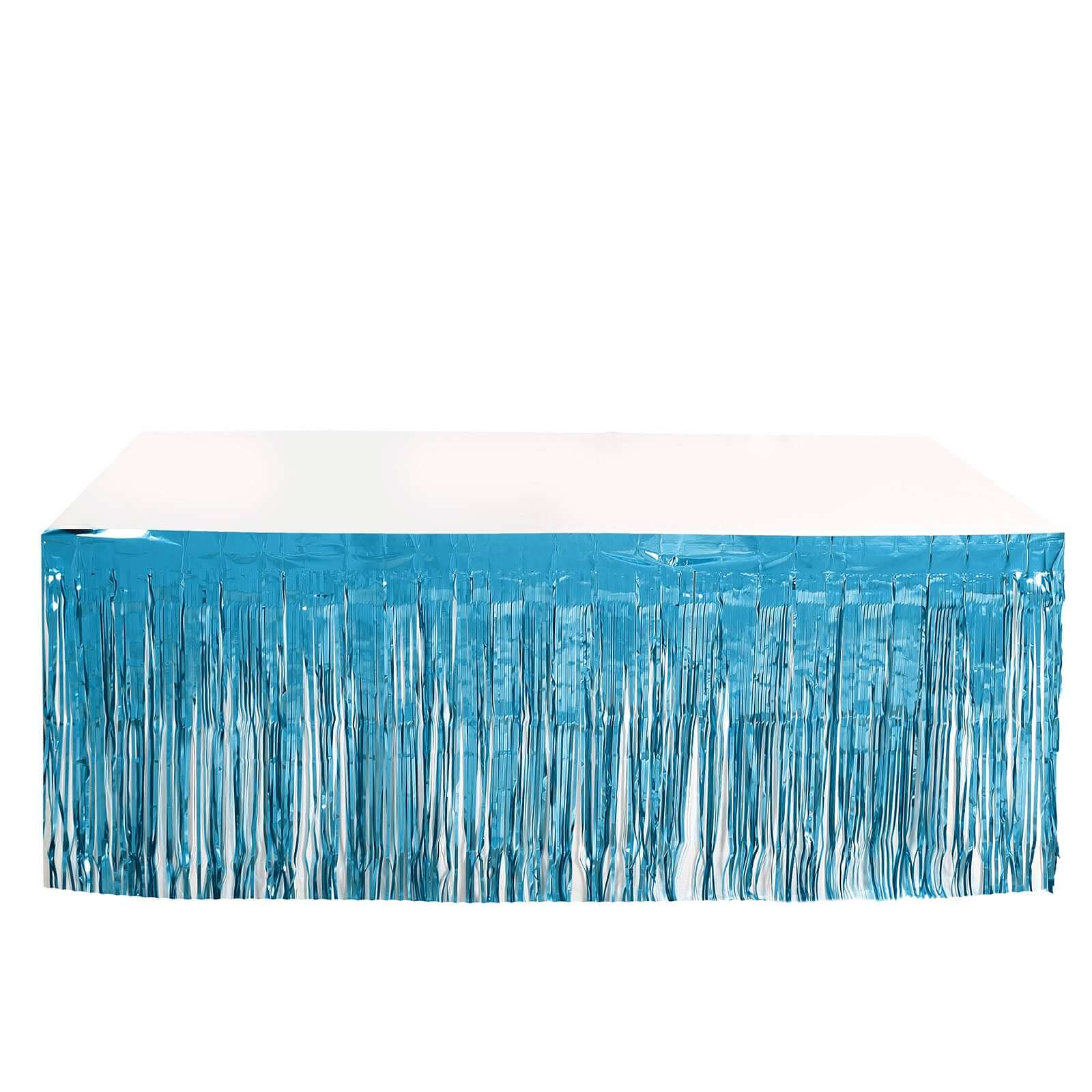 Metallic Foil Fringe Table Skirt Blue with Self Adhesive Backing - Durable Tinsel Skirt for Parties 30"x9ft