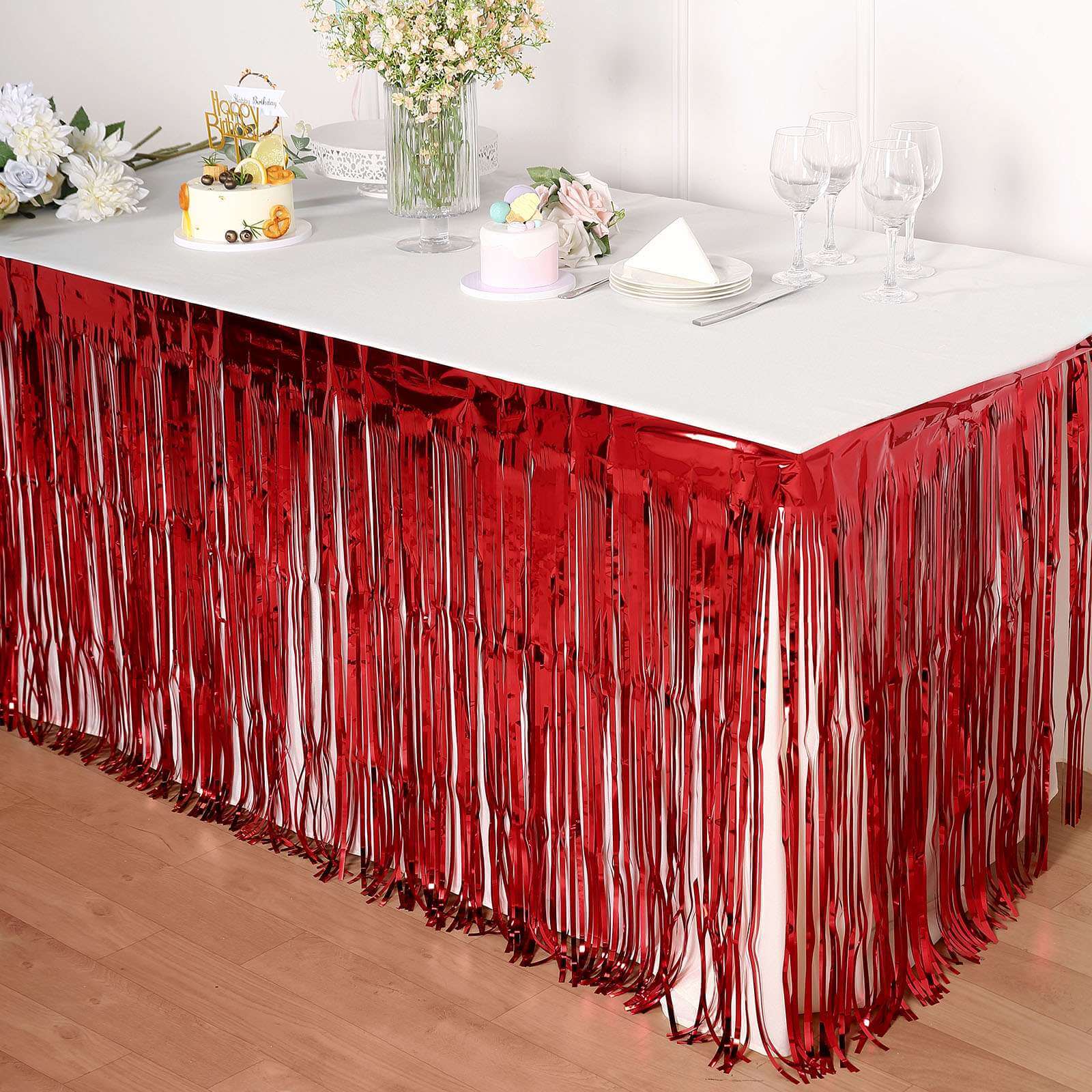 Metallic Foil Fringe Table Skirt Red with Self Adhesive Backing - Durable Tinsel Skirt for Parties 30"x9ft