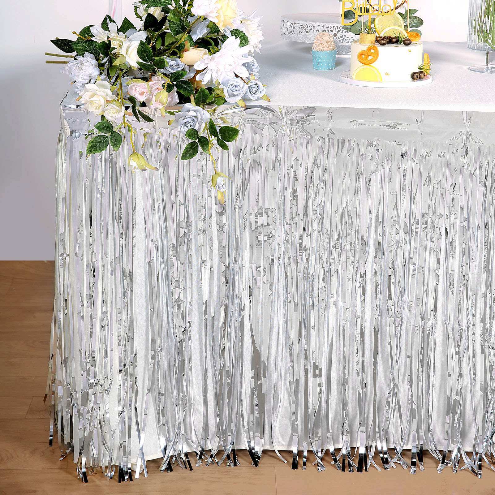 Metallic Foil Fringe Table Skirt Silver with Self Adhesive Backing - Durable Tinsel Skirt for Parties 30"x9ft