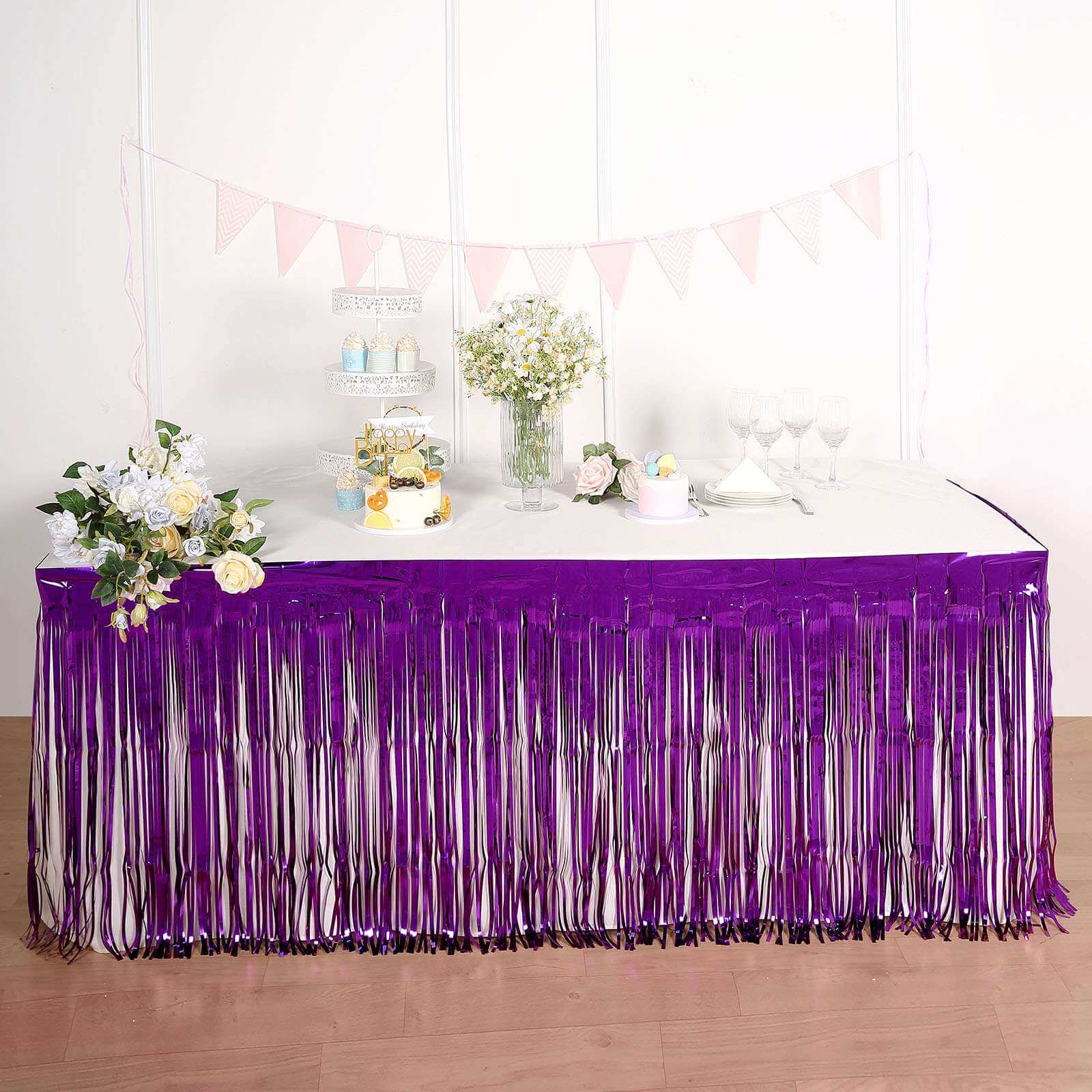 30"x9ft Purple Metallic Foil Fringe Table Skirt, Self Adhesive Tinsel Table Skirt