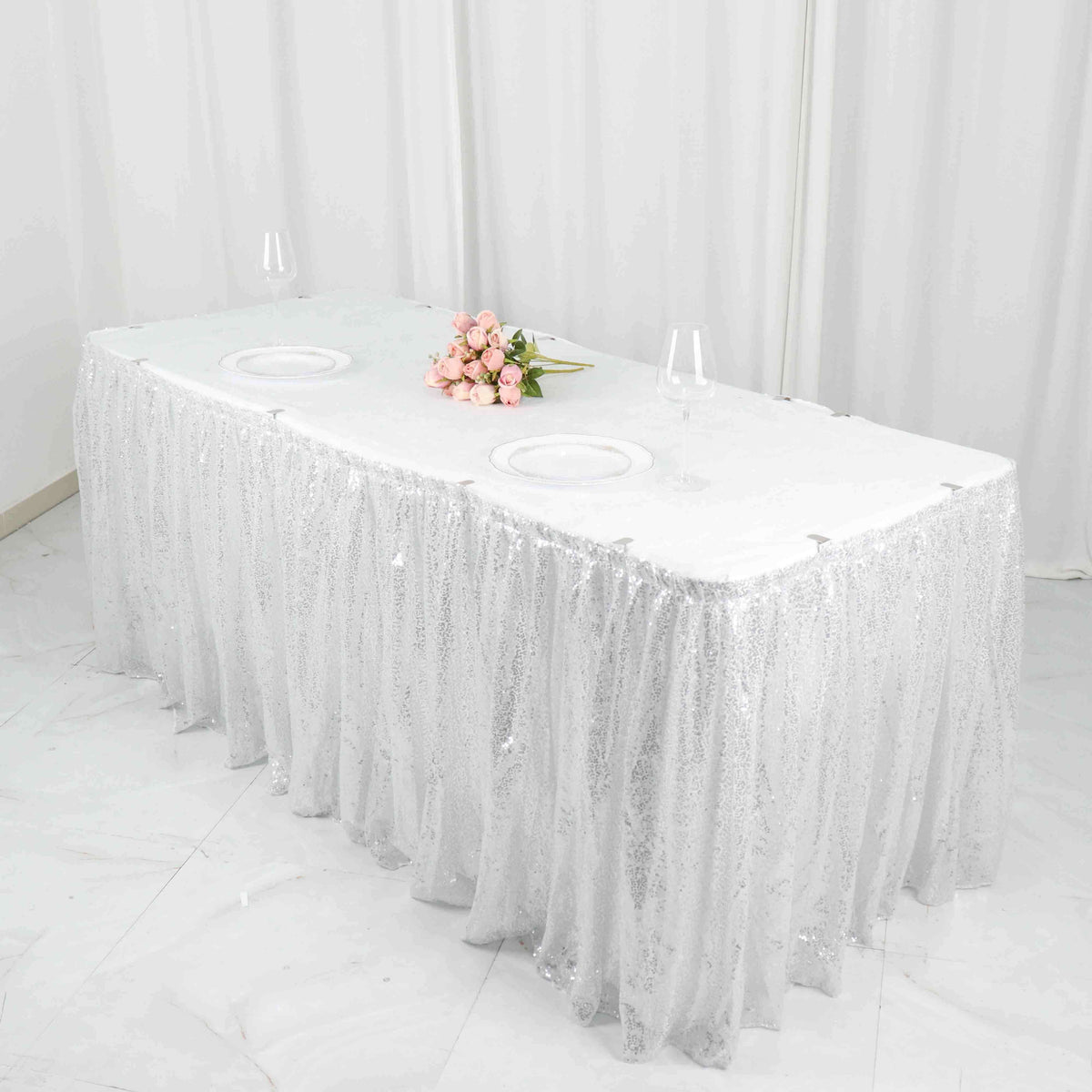 Sequin 17ft Table Skirt Silver Gold - Pleated Satin With Top Velcro Strip