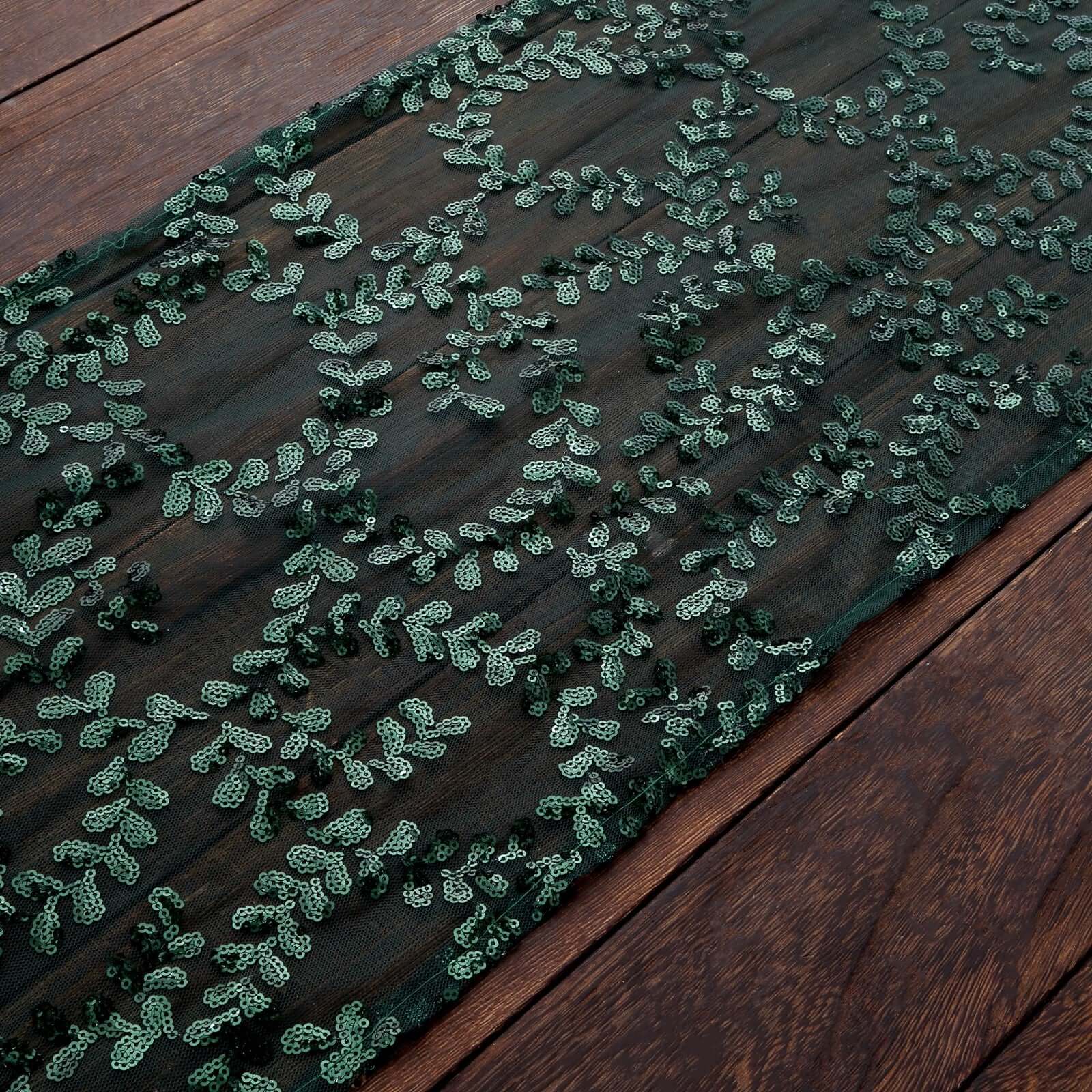 Mesh 12"x108" Table Runner Hunter Emerald Green - Leaf Vine Embroidery