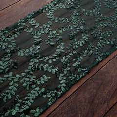 Mesh 12"x108" Table Runner Hunter Emerald Green - Leaf Vine Embroidery