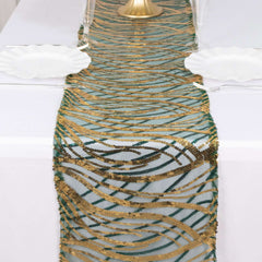 Sequin Mesh 12"x108" Table Runner Hunter Emerald Green Stylish Wave Embroidery