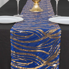 Sequin Mesh 12"x108" Table Runner Royal Blue Stylish Wave Embroidery