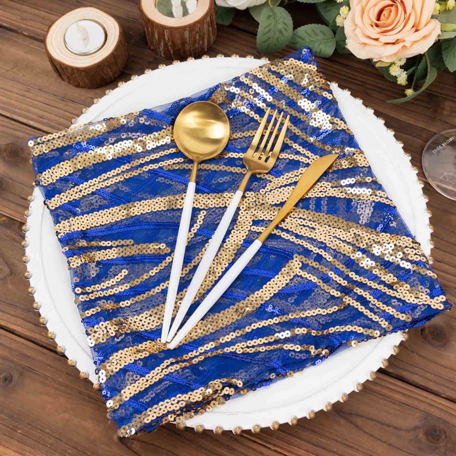 Sequin Mesh 20"x20" Napkin Royal Blue Gold - Wave Embroidered Reusable Napkin