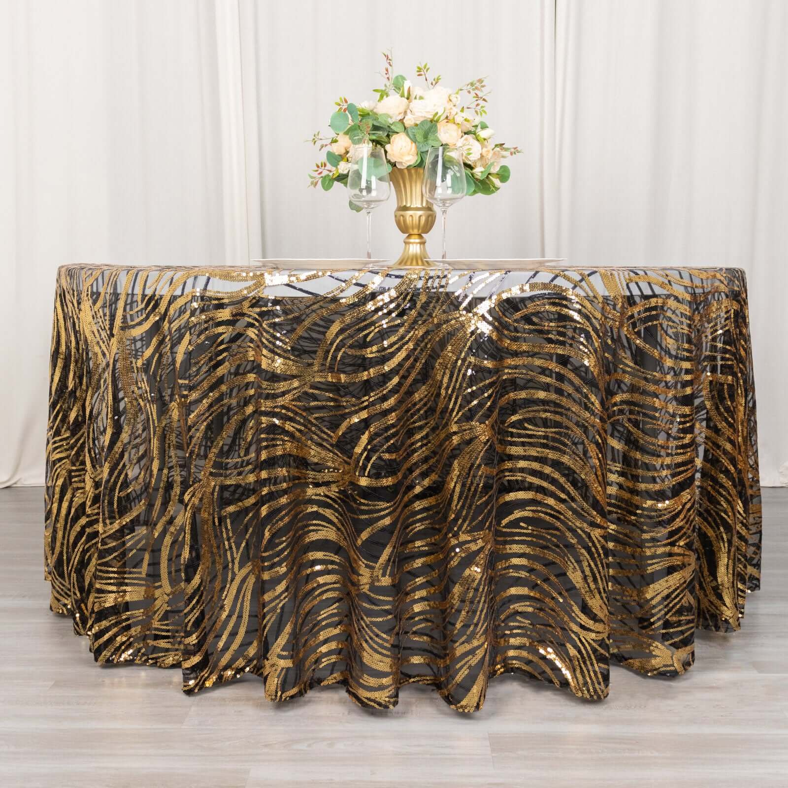 Sequin Mesh 120" Round Tablecloth Black/Gold - Seamless Wave Embroidered Table Cover