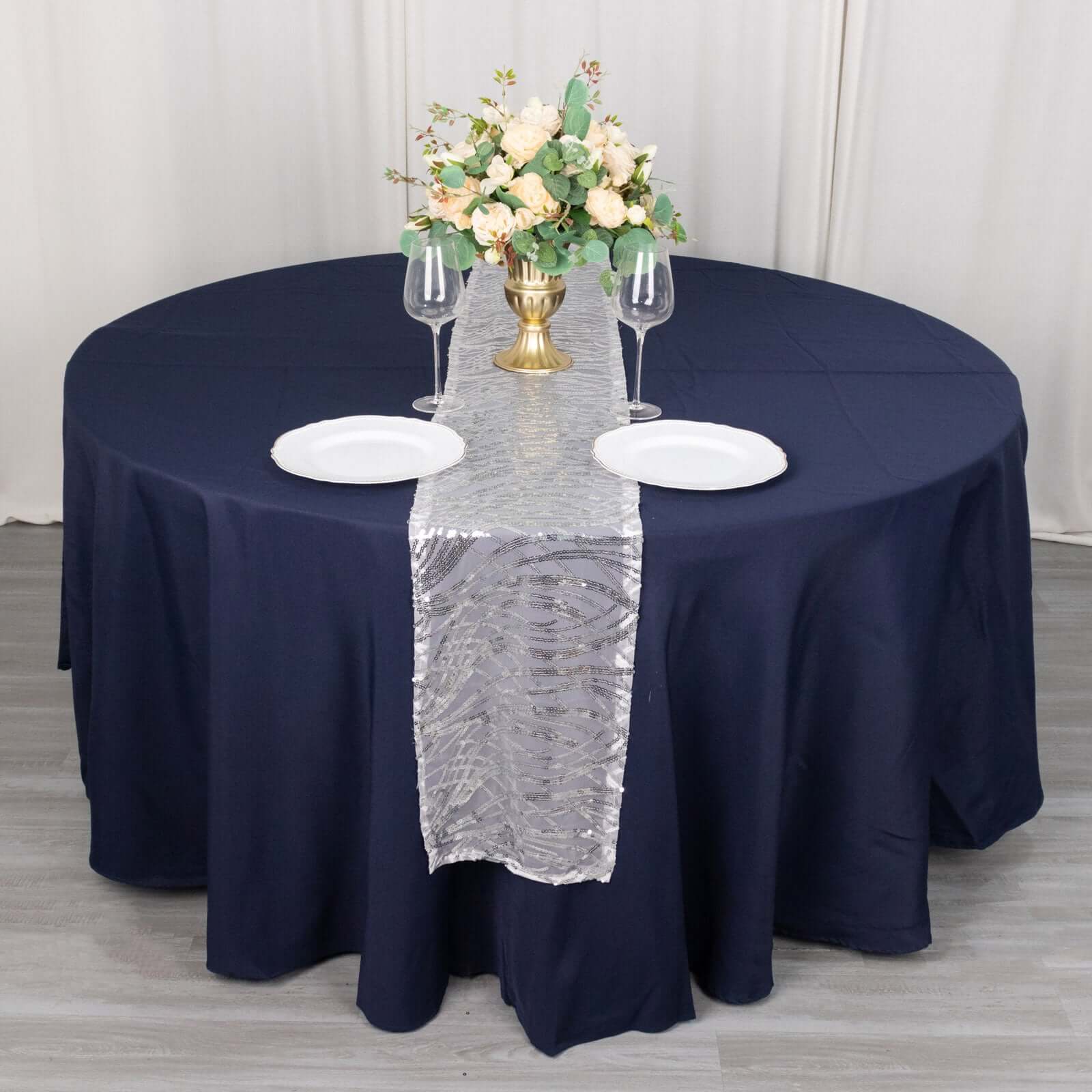 Sequin Mesh 12"x108" Table Runner Silver Stylish Wave Embroidery