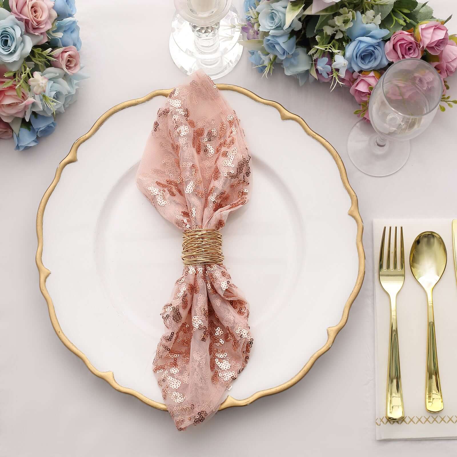 Sequin Tulle 20"x20" Napkin Rose Gold - Embroidered Leaf Vine Dinner Napkins