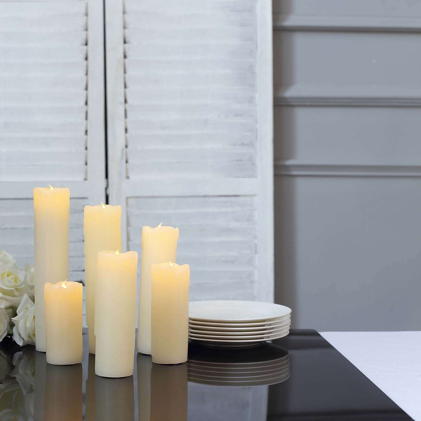 Set of 6 LED Flameless Luminaria Candles Drip Wax Ivory - Battery Operated Pillar Lighting