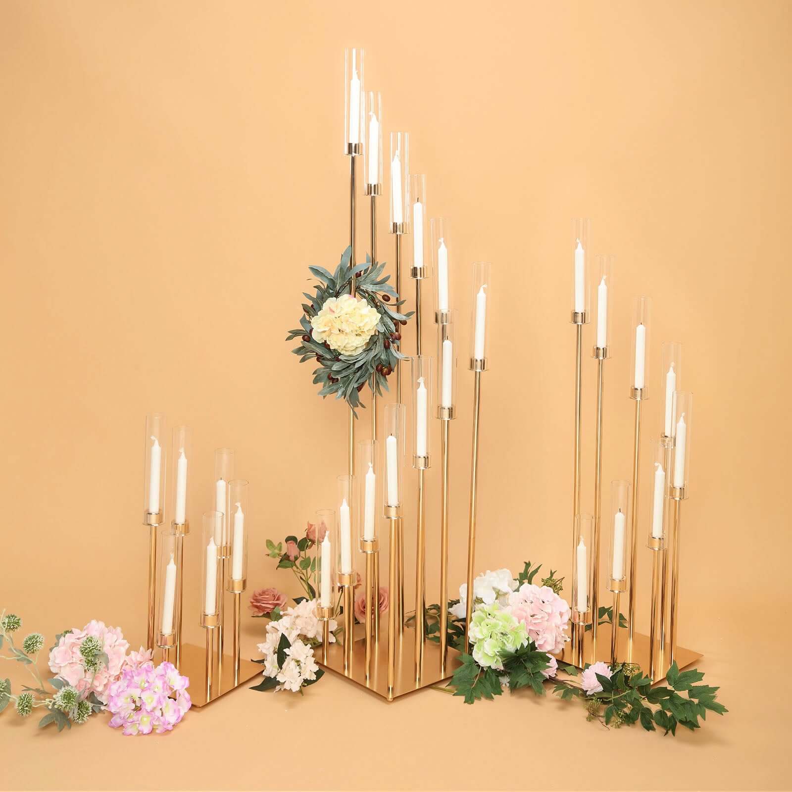 12-Arm Cluster Taper Candle Holder Gold with Clear Glass Shades - Grand Candle Arrangement for Events 57"
