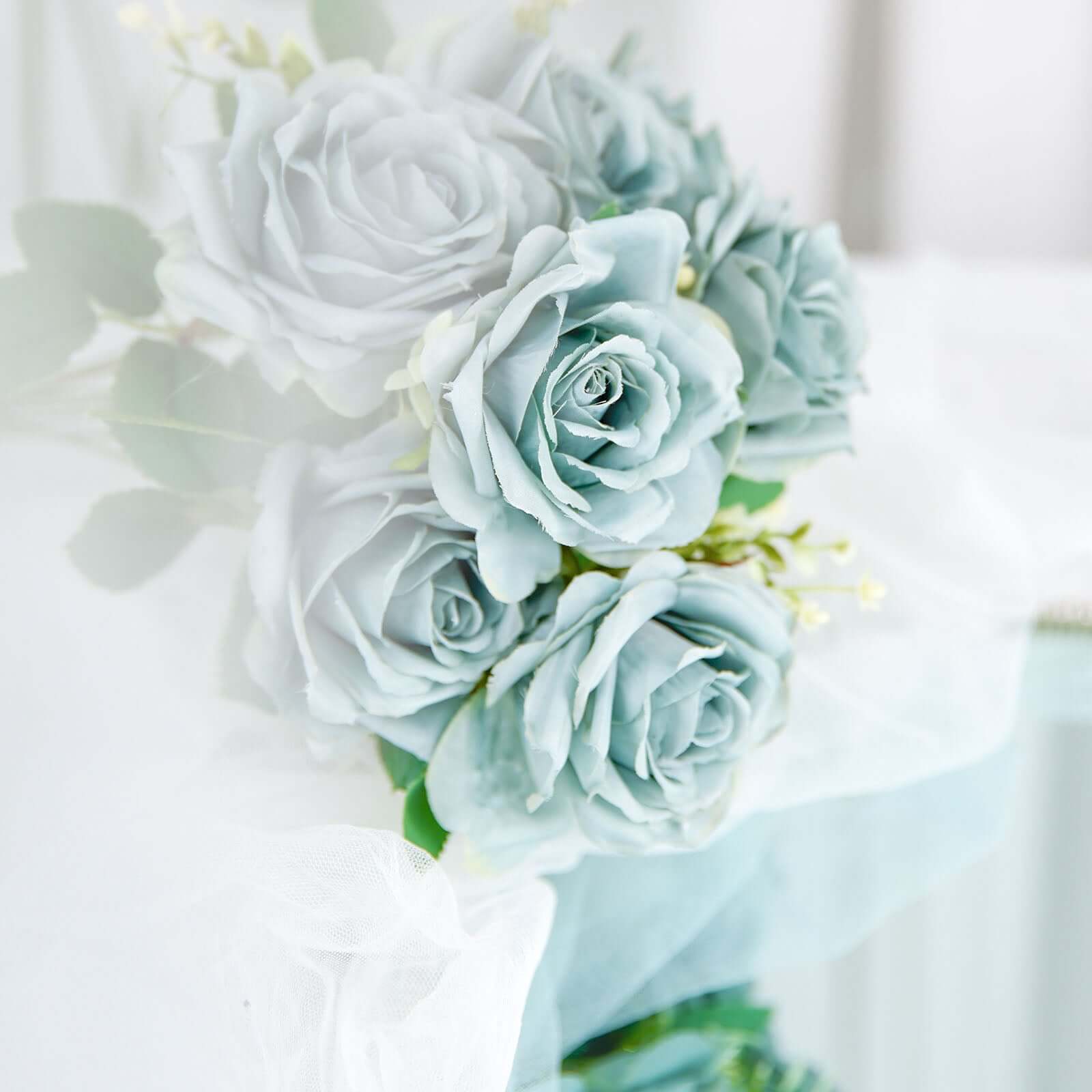 2 Bushes 18" Real Touch Light Dusty Blue Artificial Rose Flower Bouquet, Silk Long Stem Flower Arrangements