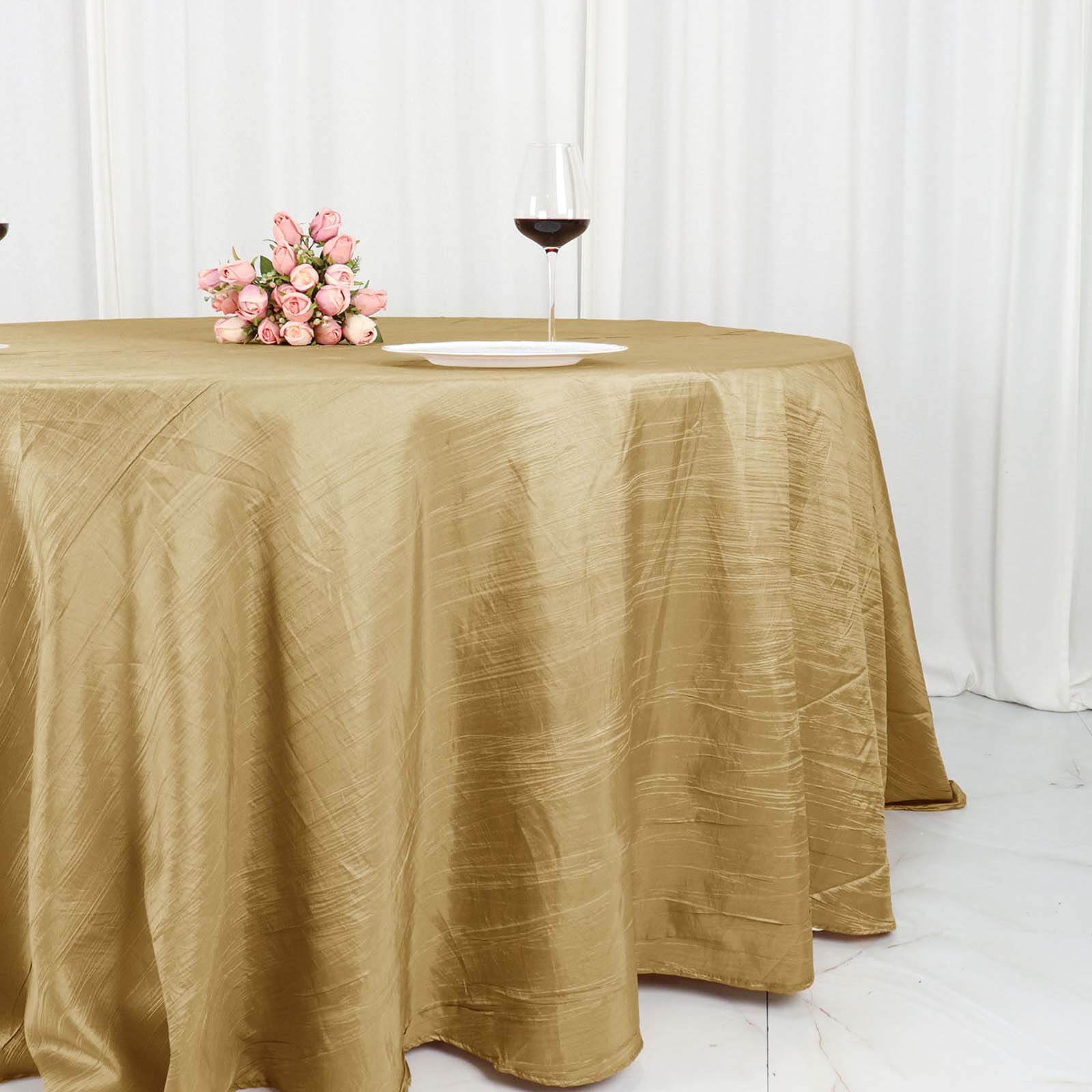 Taffeta 132" Round Tablecloth Gold - Seamless Accordion Crinkle Design for Exquisite Occasions