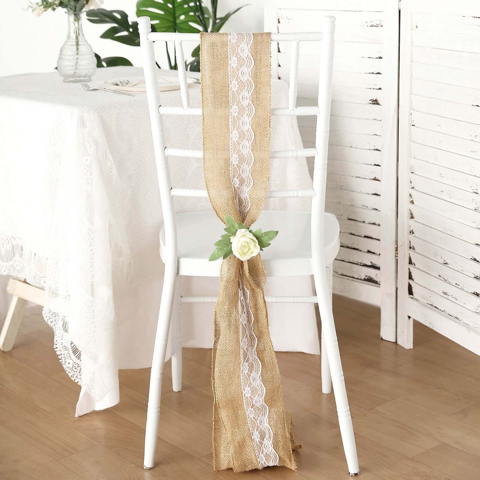 Natural Burlap Chair Sash 5"x108" with Lace Hessian Jute - Rustic Bow Design for Weddings & Gatherings