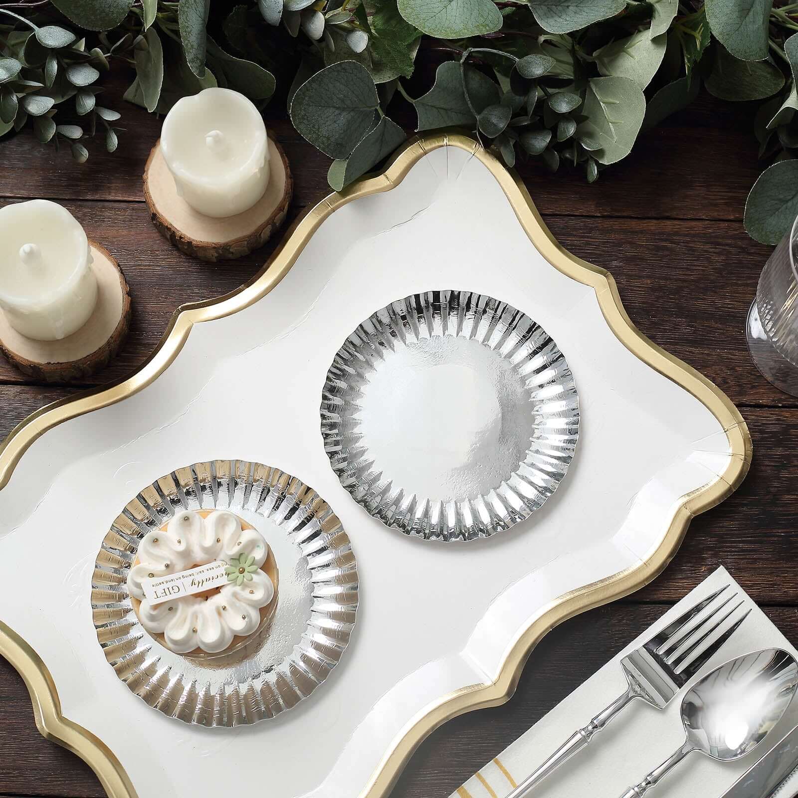 50-Pack Paper 5" Round Dessert Plates in Metallic Silver with Scalloped Rim - Disposable 250GSM Appetizer Party Plates
