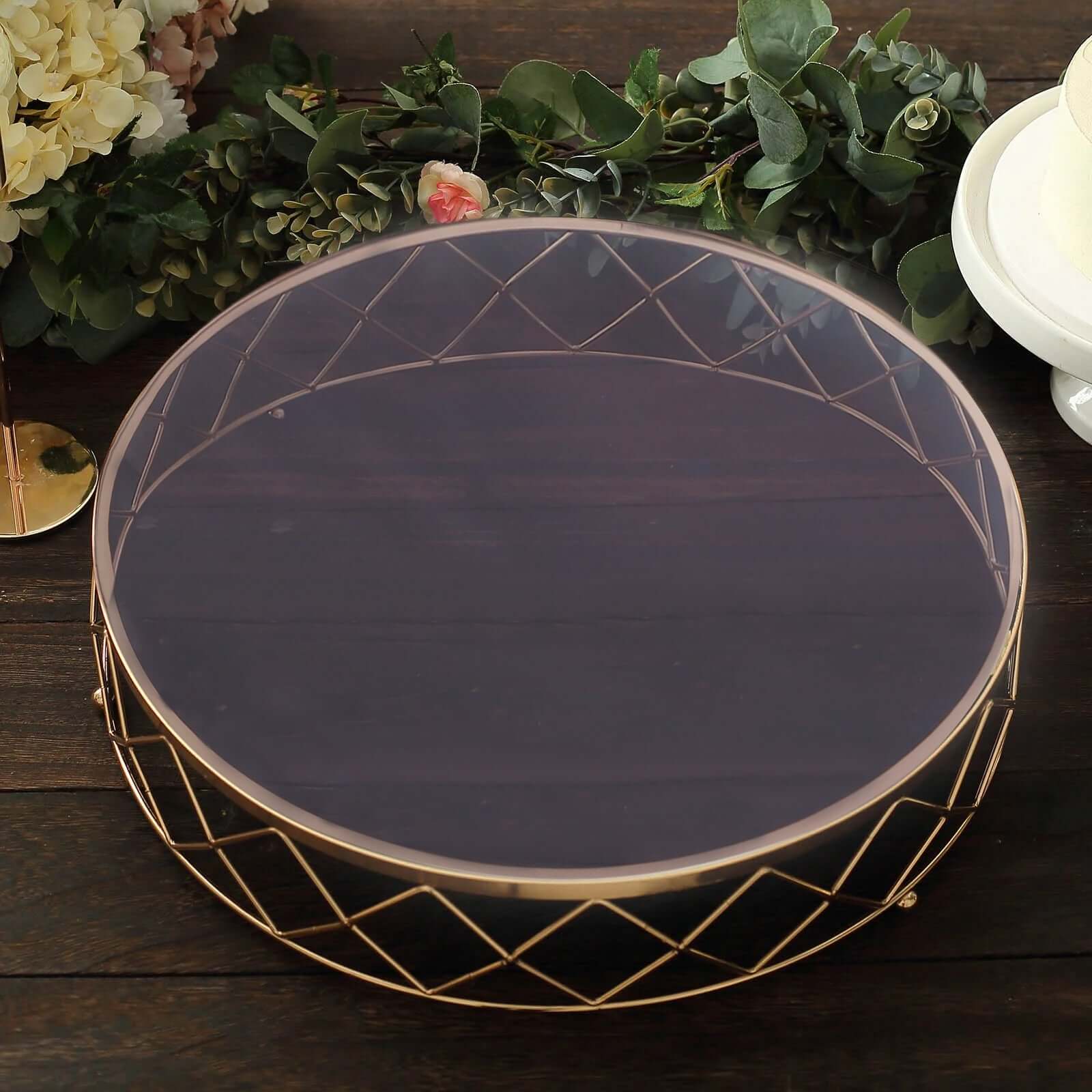 Metal Cake Stand Geometric Diamond Cut Design Gold with Glass Top - Dessert Display Riser 16"