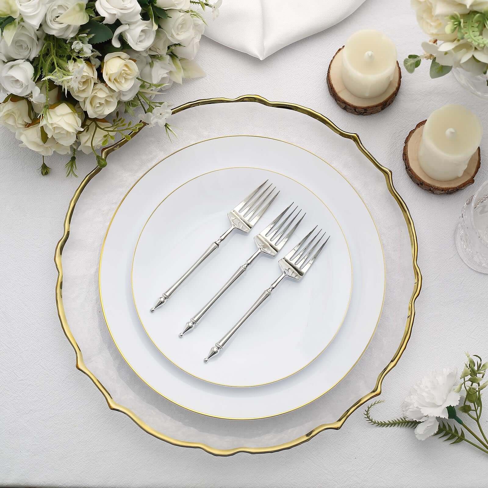 24-Pack Plastic Dessert Forks with Roman Column Handle Silver - European Style Disposable Utensils 6"
