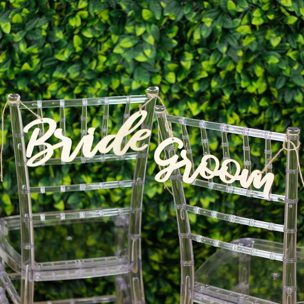 Set of 2 Bride and Groom Chair Signs Natural Wood - Charming Calligraphy Wall Hanging Wedding Decor & Props 12"x5"