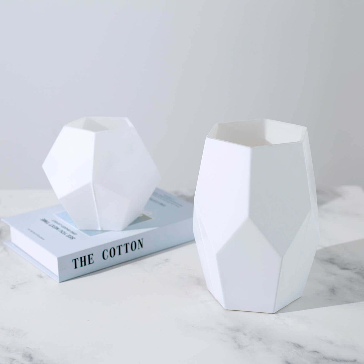 Set of 2 Glass Flower Vases Geometric Design Matte White - Stylish Modern Candle Holder Centerpieces 5", 8"