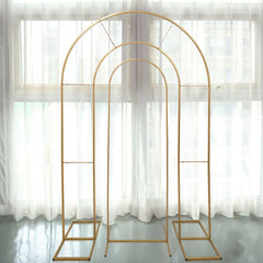Set of 2 Gold Metal Round Top Chiara Backdrop Stand Wedding Arches, Double Arch Floral Balloon Frame Ceremony Arbors - 6ft,8ft
