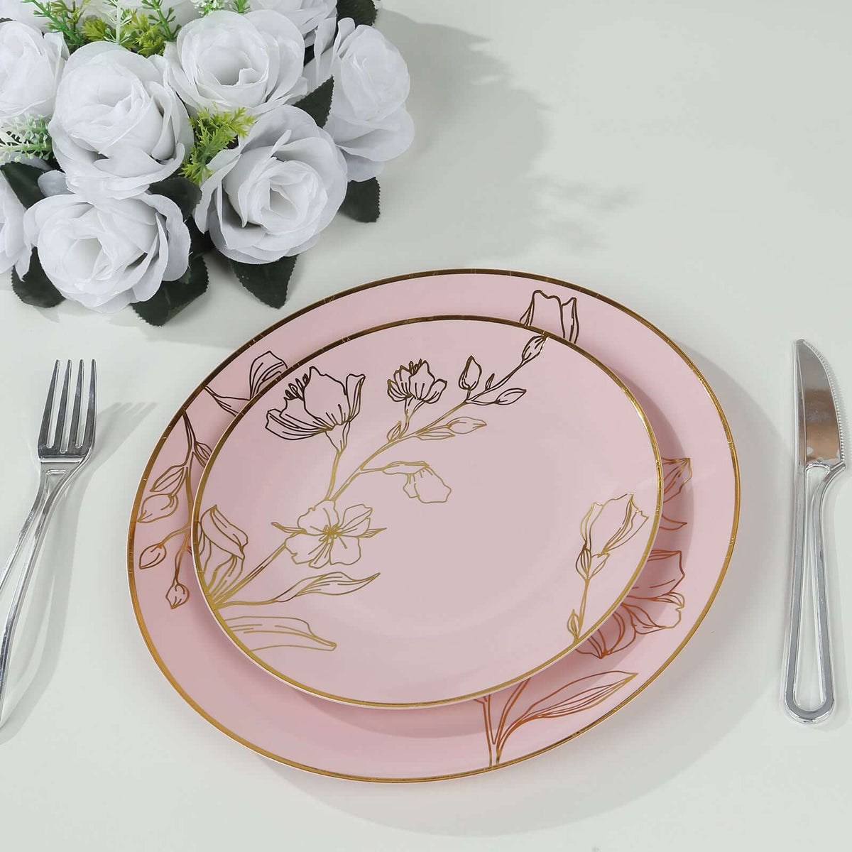 Set of 20 Plastic Round Dinner and Dessert Plates in Dusty Rose with Metallic Gold Floral Design - Stylish Disposable Dinnerware 8", 10"