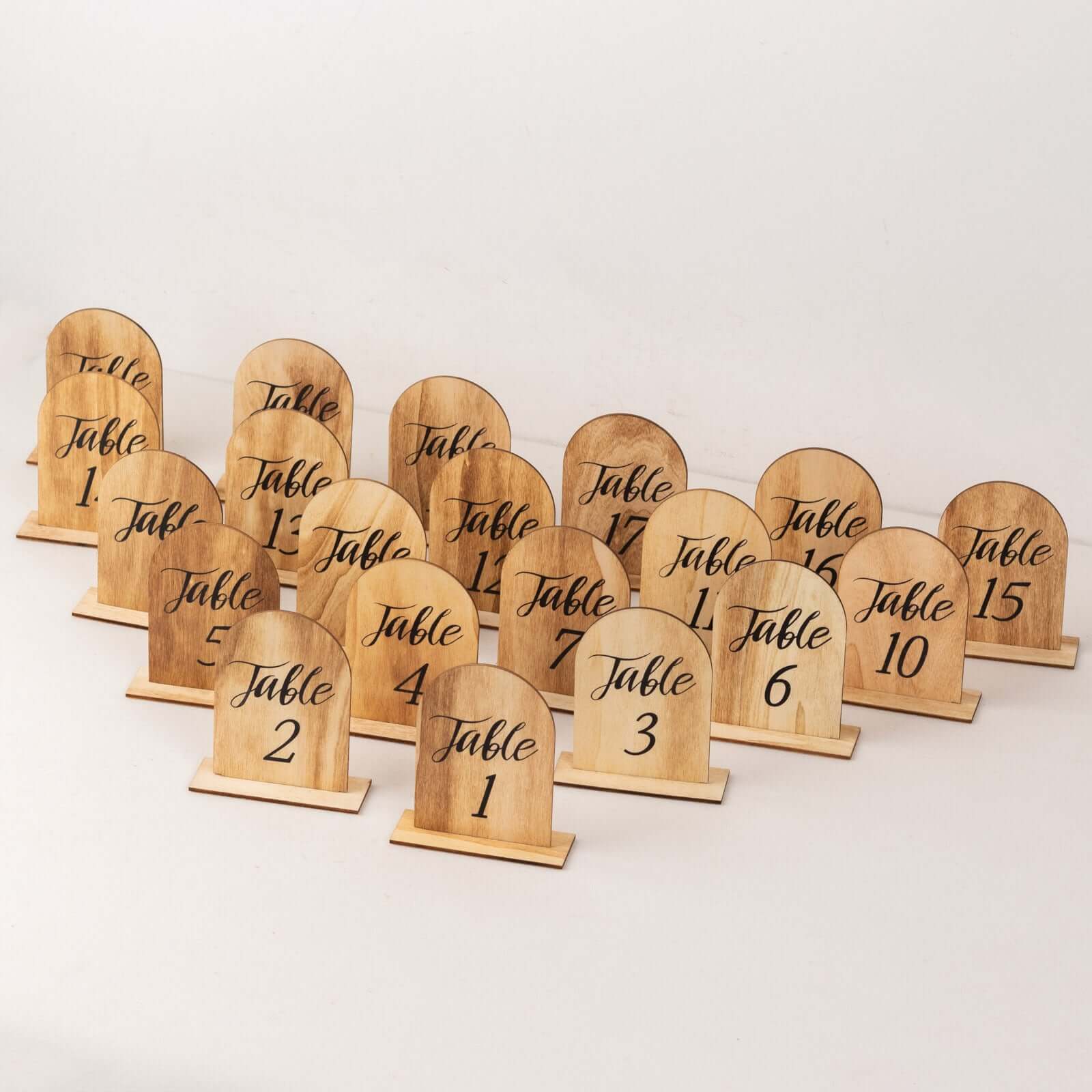 20-Pack Natural Wooden Table Numbers 1-20 Rustic Arch Design with Removable Base - Ideal for Banquets and Receptions 4.5"