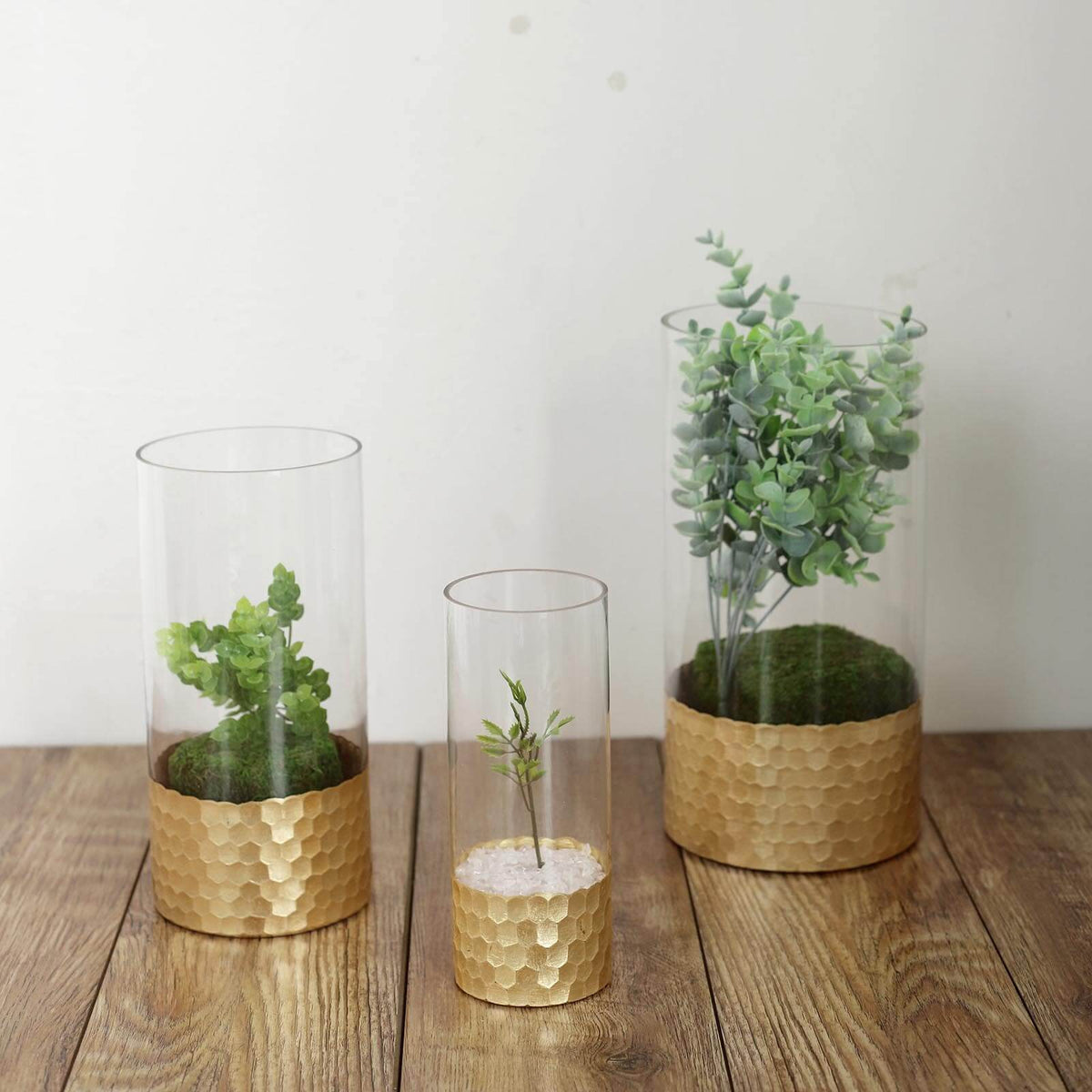Set of 3 Clear Glass Cylinder Vases with Gold Honeycomb Base, Votive Tealight Candle Holder Set - 8",10",12"
