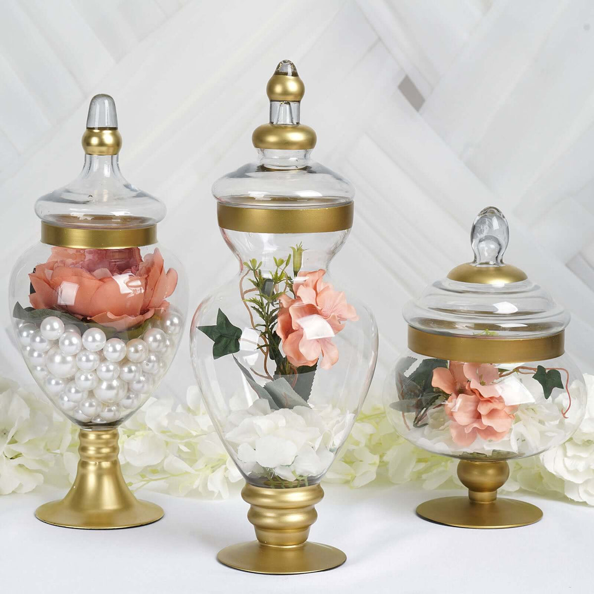 Set of 3 Glass Candy Jars Apothecary Design Gold Trim with Snap-On Lids - Large Stylish Containers for Parties 10"/14"/16"