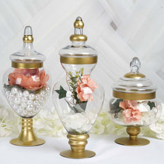 Set of 3 Glass Candy Jars Apothecary Design Gold Trim with Snap-On Lids - Large Stylish Containers for Parties 10"/14"/16"