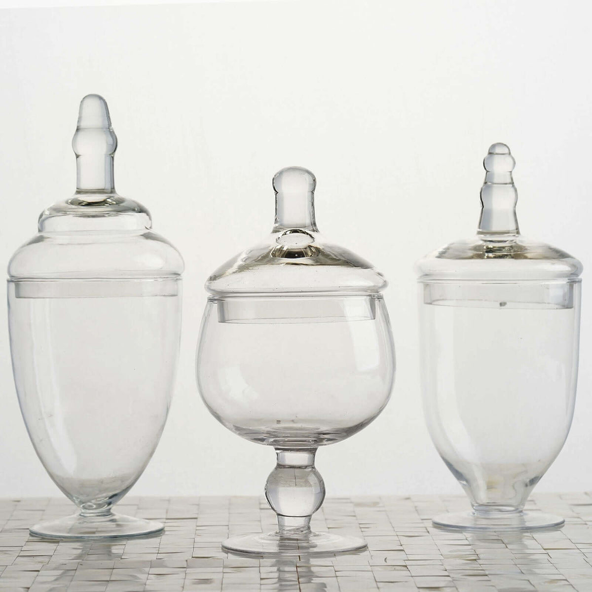 Set of 3 Glass Jars Apothecary Design Clear and Snap-On Lids - Stylish Decorative Candy Buffet Storage 8.5", 9", 10"