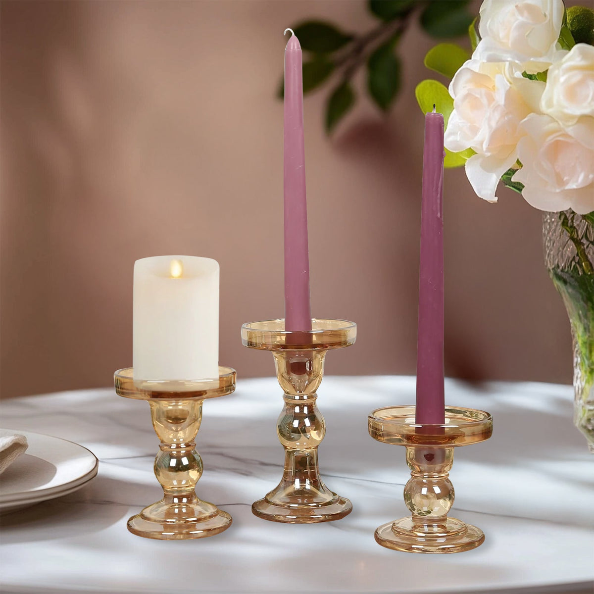 Set of 3 Glass Pillar Candle Holders Amber Gold with Round Tray - Crystal Ball Stem Taper Candlestick Tea Light Stands 3.5", 4.5", 5.5"