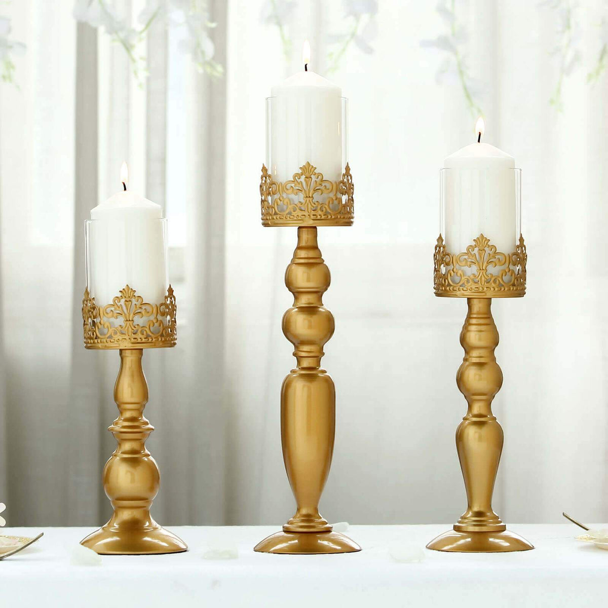 Set of 3 Lace Hurricane Candle Holders Antique Gold with Glass Shades - Chic Pillar Candle Stands 12", 14", 17"