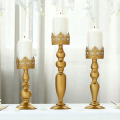 Set of 3 Lace Hurricane Candle Holders Antique Gold with Glass Shades - Chic Pillar Candle Stands 12", 14", 17"