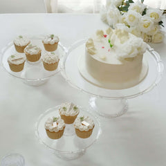 Set of 3 Plastic Round Pedestal Cake Stands Clear - Stackable Cupcake Display Holders with Scalloped Edges for Tea Parties Dessert Buffets & Banquets 9", 11", 15"