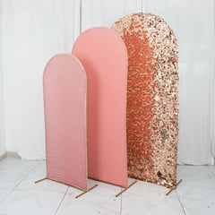 Set of 3 Rose Gold Round Top Fitted Wedding Arch Frame Covers, Big Payette Sequin, Shimmer Tinsel and Matte Spandex Backdrop Stand Covers