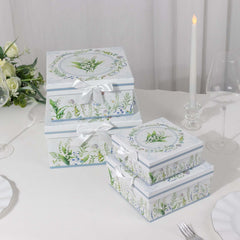 Set of 4 Cardstock Round Nesting Gift Boxes White Green Floral Design - Decorative Heavy Duty Stackable Keepsake Boxes With Lids for Presents Storage & Pedestal Stand 5",7",8",9"