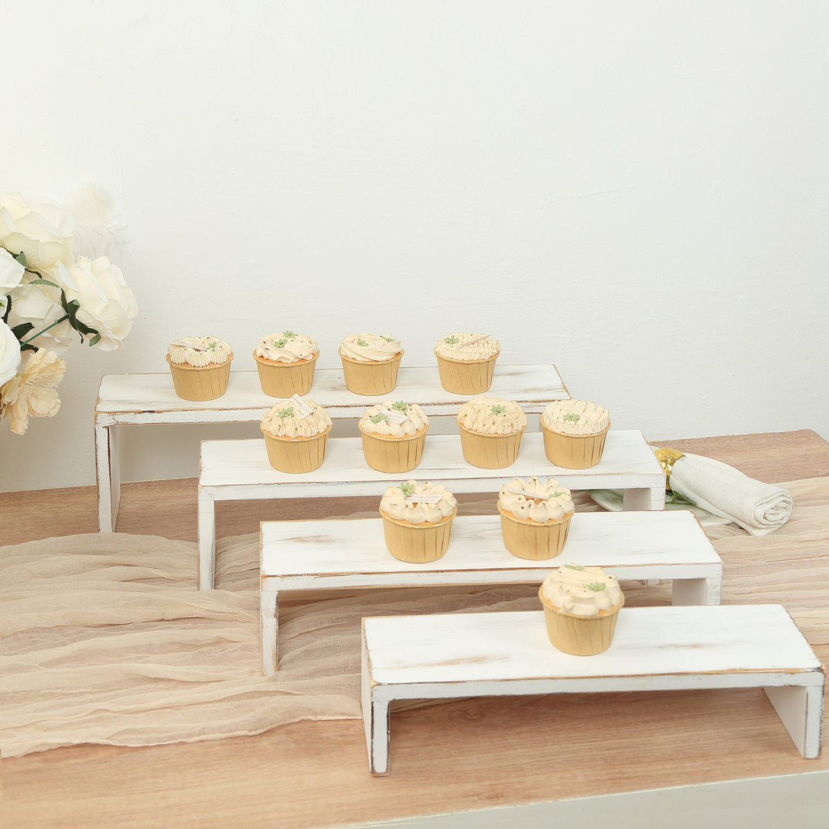 Set of 4 Wooden Display Risers Whitewash Rectangular Bench Style - Stackable Rustic Farmhouse Nesting Stands 14", 16", 17", 19"