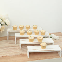 Set of 4 Wooden Display Risers Whitewash Rectangular Bench Style - Stackable Rustic Farmhouse Nesting Stands 14", 16", 17", 19"