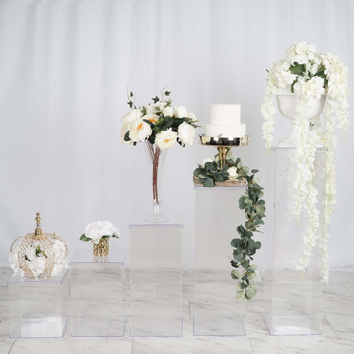 Set of 5 Clear Acrylic Display Boxes, Transparent Pedestal Risers with Interchangeable Lid and Base - 12",16",24",32",40"