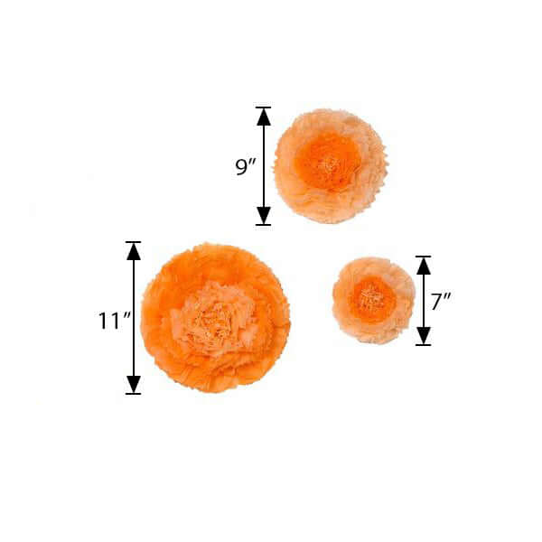 Set of 6 Coral Orange Carnation 3D Paper Flowers Wall Decor - 7",9",11"