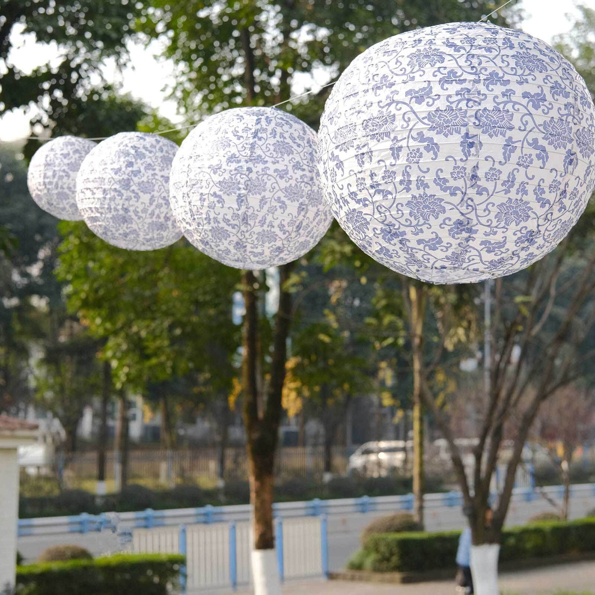 Set of 8 White Blue Hanging Chinese Lanterns in French Toile Floral Pattern, Festival Paper Lanterns - 6",8",10",14"