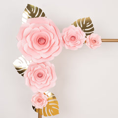 Set of 9 Pink 3D Rose Paper Flowers with Gold Tropical Palm Leaves, Party Flower Backdrop Hanging Wall Decor