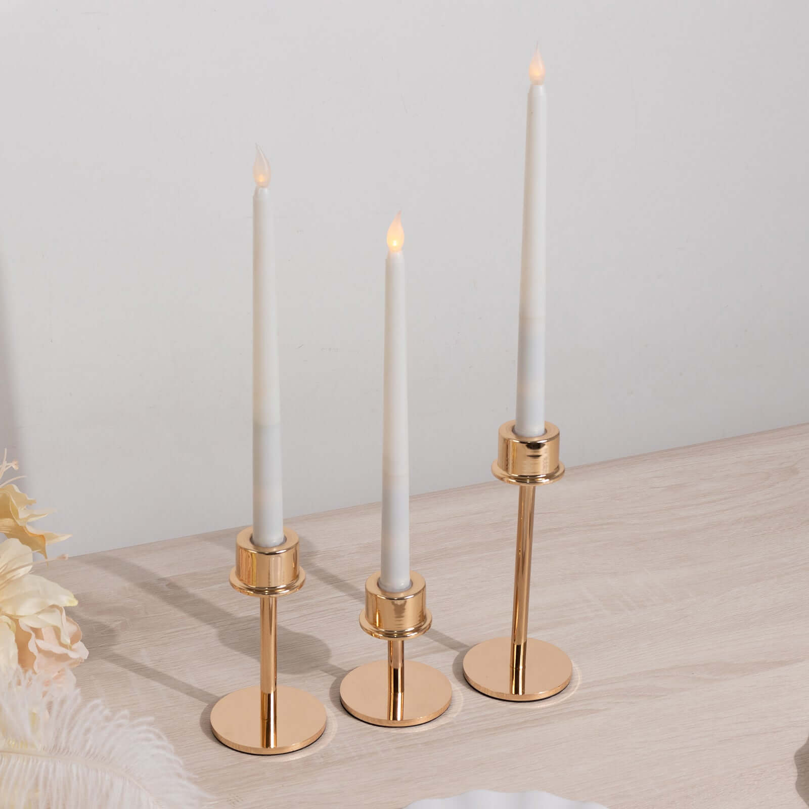 Set of 3 Metal Taper Candlestick Holders Gold with Round Base - Hurricane Candle Stands 3.5", 5.5", 8"